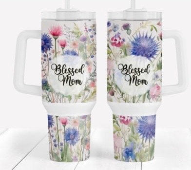Blessed MOM personalized floral tumbler, 40oz Tumbler with handle, 40 oz Travel Mug, , 40 oz Tumbler, Tumbler for Mom,