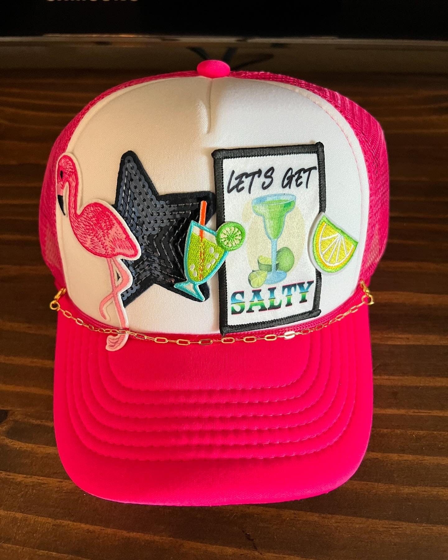 Let's get Salty Trucker hat, Pink trucker hat, hat with patches, womens hat