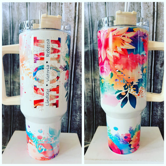 Special MOM personalized floral tumbler, 40oz Tumbler with handle, 40 oz Travel Mug, , 40 oz Tumbler with Name, Tumbler for Mom,
