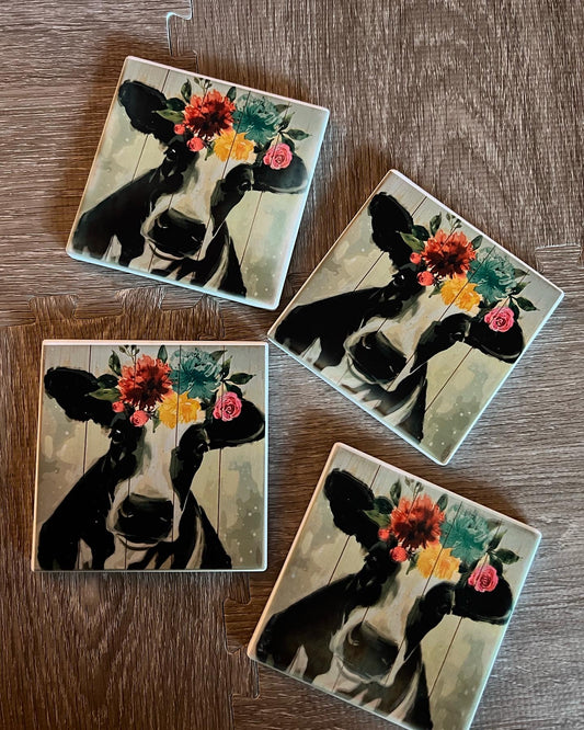 Floral Cow coaster set